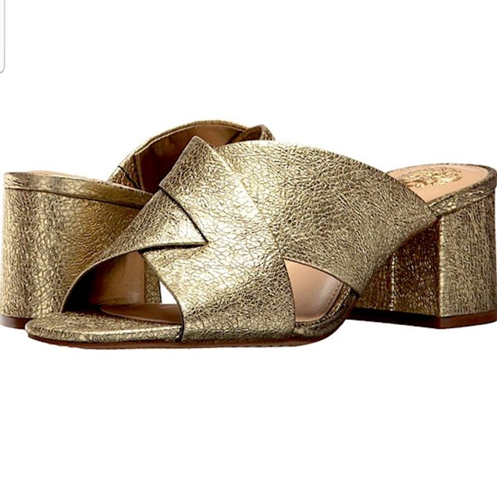 Vince Camuto Stania block heel mules in color karat gold size 6.5